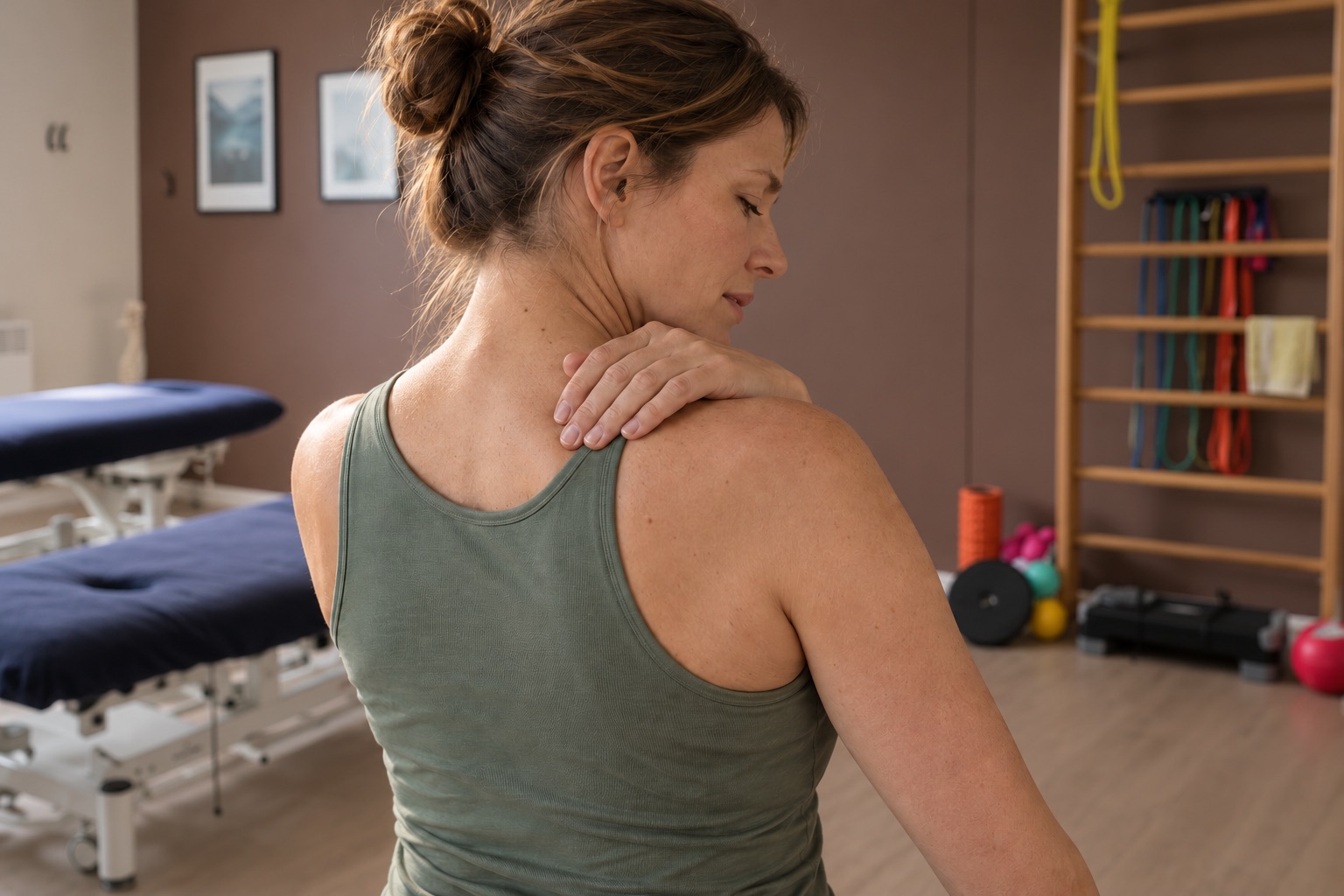 Une femme pose une main sur l’arrière de son épaule, près du cou, dans un cabinet de kinésithérapie.