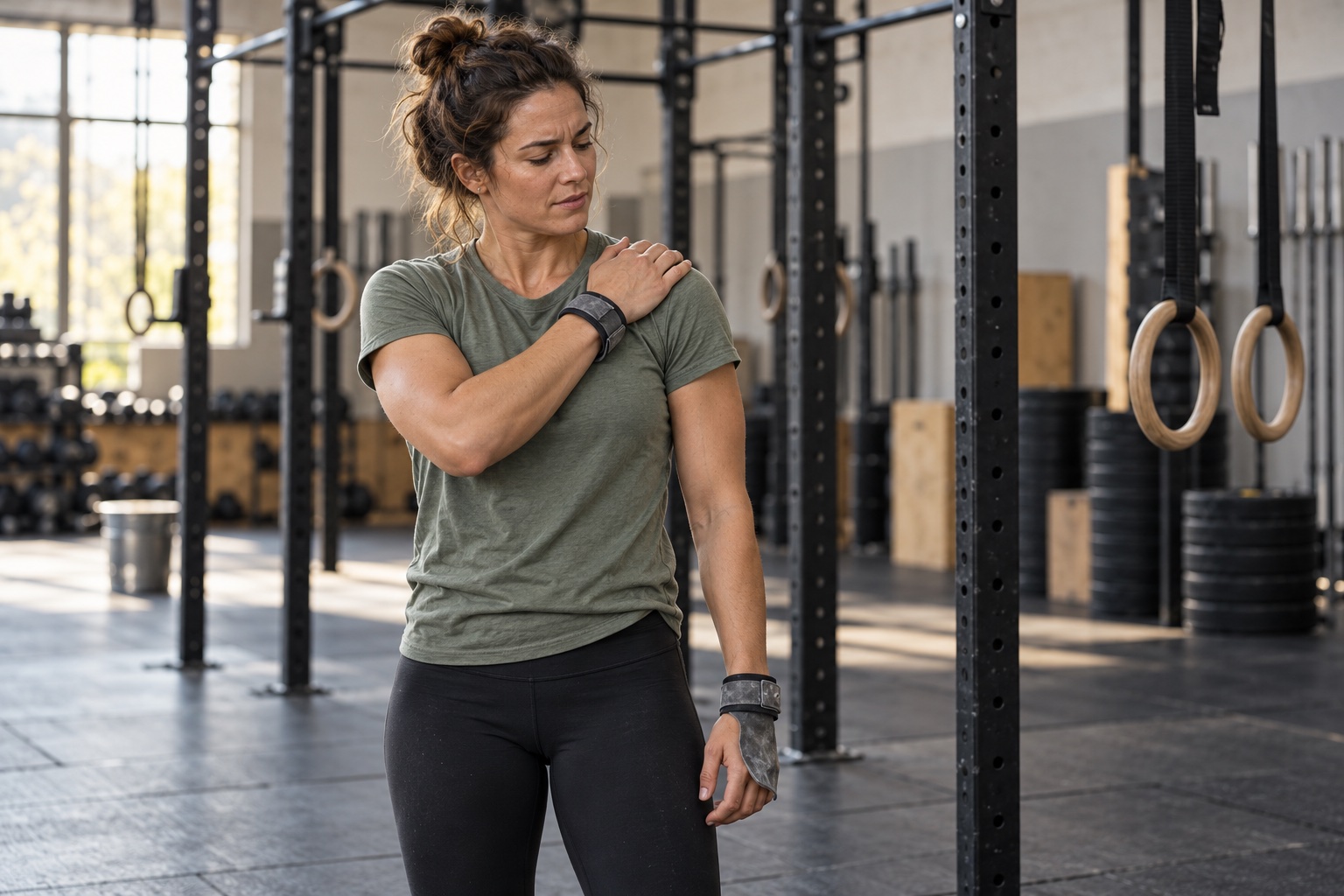 Une sportive tient son épaule avec la main, près des barres de traction et des anneaux dans une salle de sport.